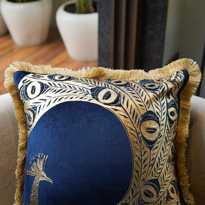 Midnight Blue Velvet Fringe Cushion Cover 16x16 inch