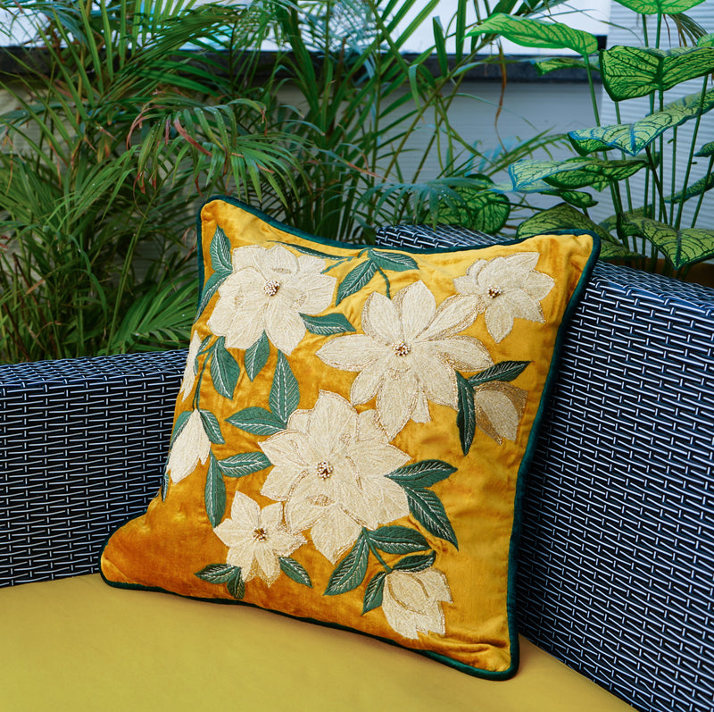 Yellow Floral Embroidered Velvet Cushion Cover 20x20 inch
