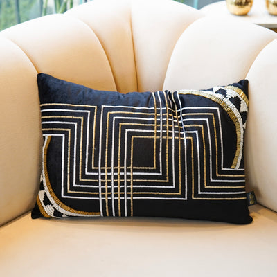 Black & Gold Velvet Beaded Cushion Cover 20x13 inch