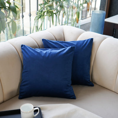 Set of 2 Blue Velvet Fabric Cushion Cover 16 x 16