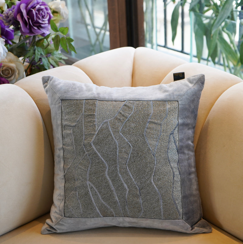 Grey/ Silver Framed Abstraction Velvet Cushion Cover
