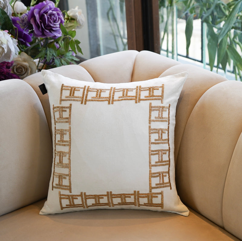 White Beaded Border Velvet Cushion Cover 18x18 inch
