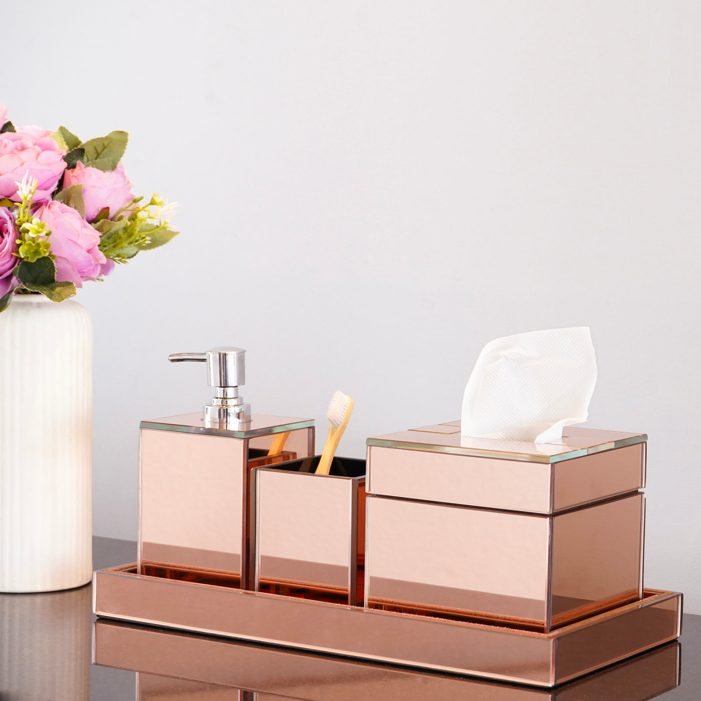Rose Gold Bathroom 4 Piece Complete Organiser Set