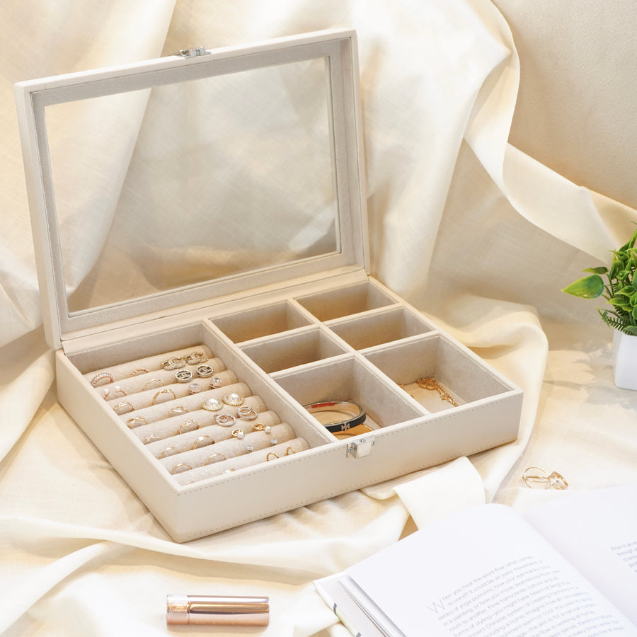 Beige Large Faux Leather Jewellery Organiser Box with Multiple Compart – RCasa SLS Retail Supermart Pvt. Ltd.
