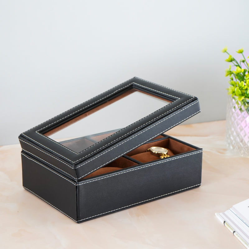 Black & Tan Contrast 4 Compartment Watch Box With Glass Top