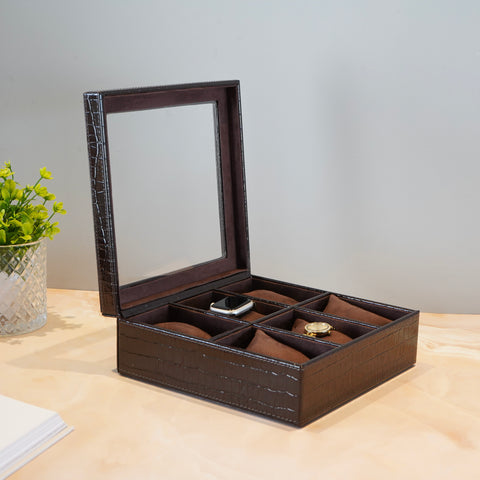 Croco Faux Leather 6 Compartment Watch box With Glass Top, Brown