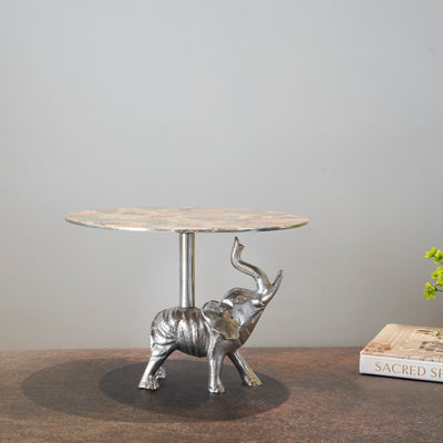 Silver Textured Elephant Trunk Cake Stand with Floral Pattern Glass Top