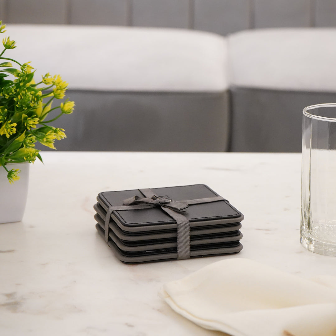 Set of 4 Faux Leather Coasters, Black