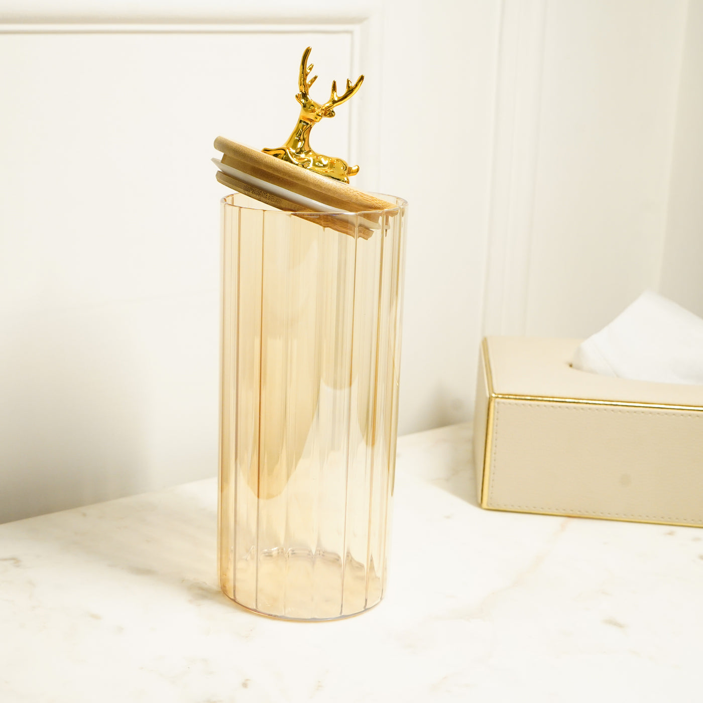 Fluted Large Glass Jar with Reindeer Airtight Lid, Tinted Gold