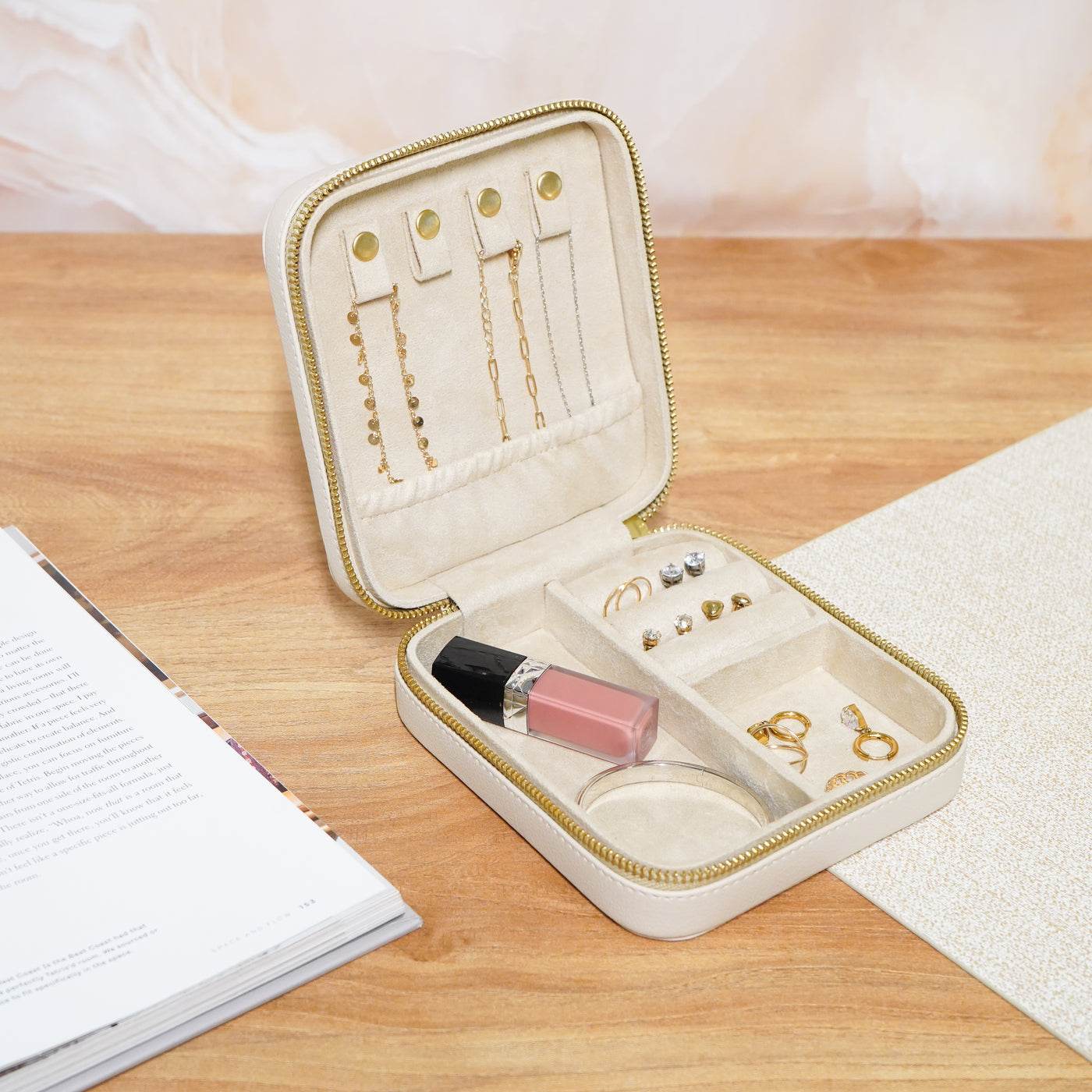 Faux Leather Travel Jewellery Box, Beige