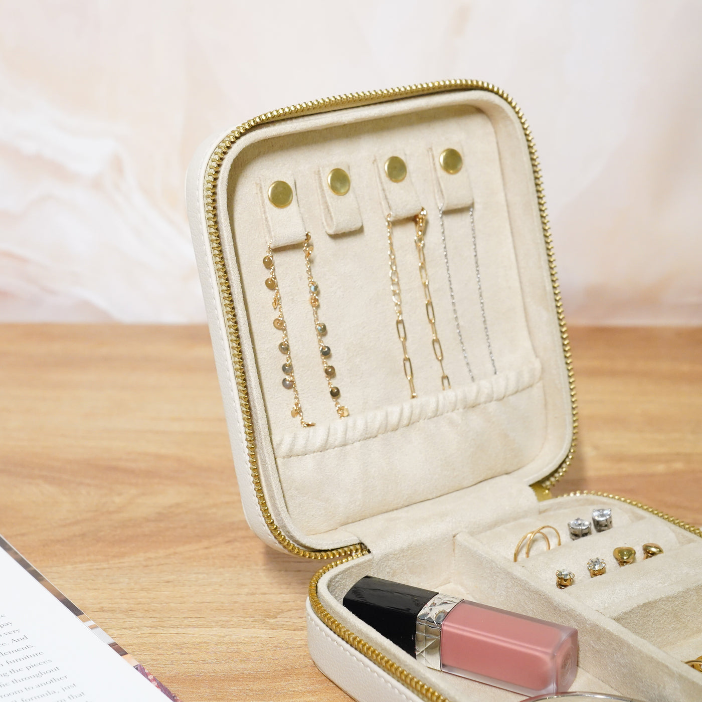 Faux Leather Travel Jewellery Box, Beige