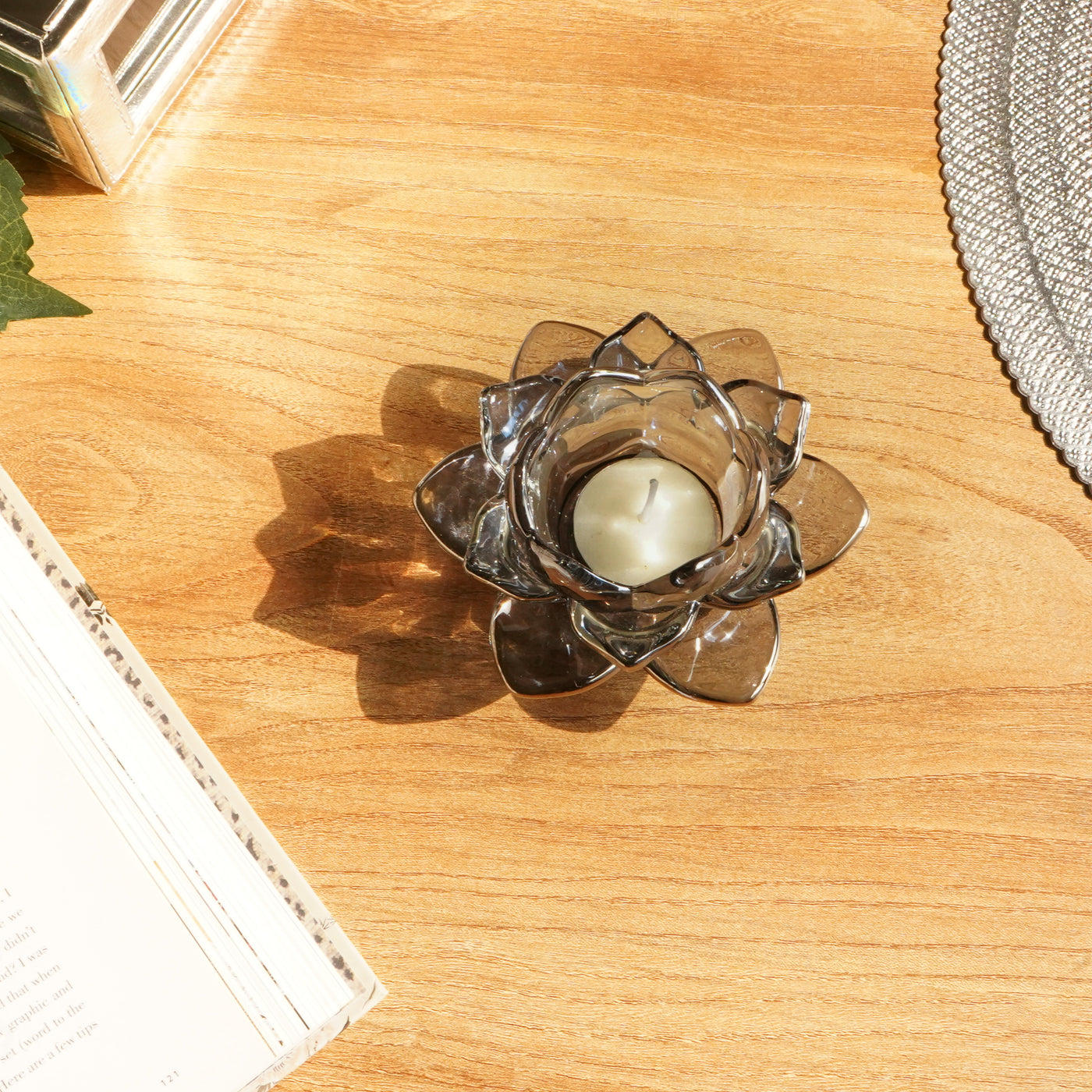 Grey Blue Lotus Glass Tealight Candle Holder