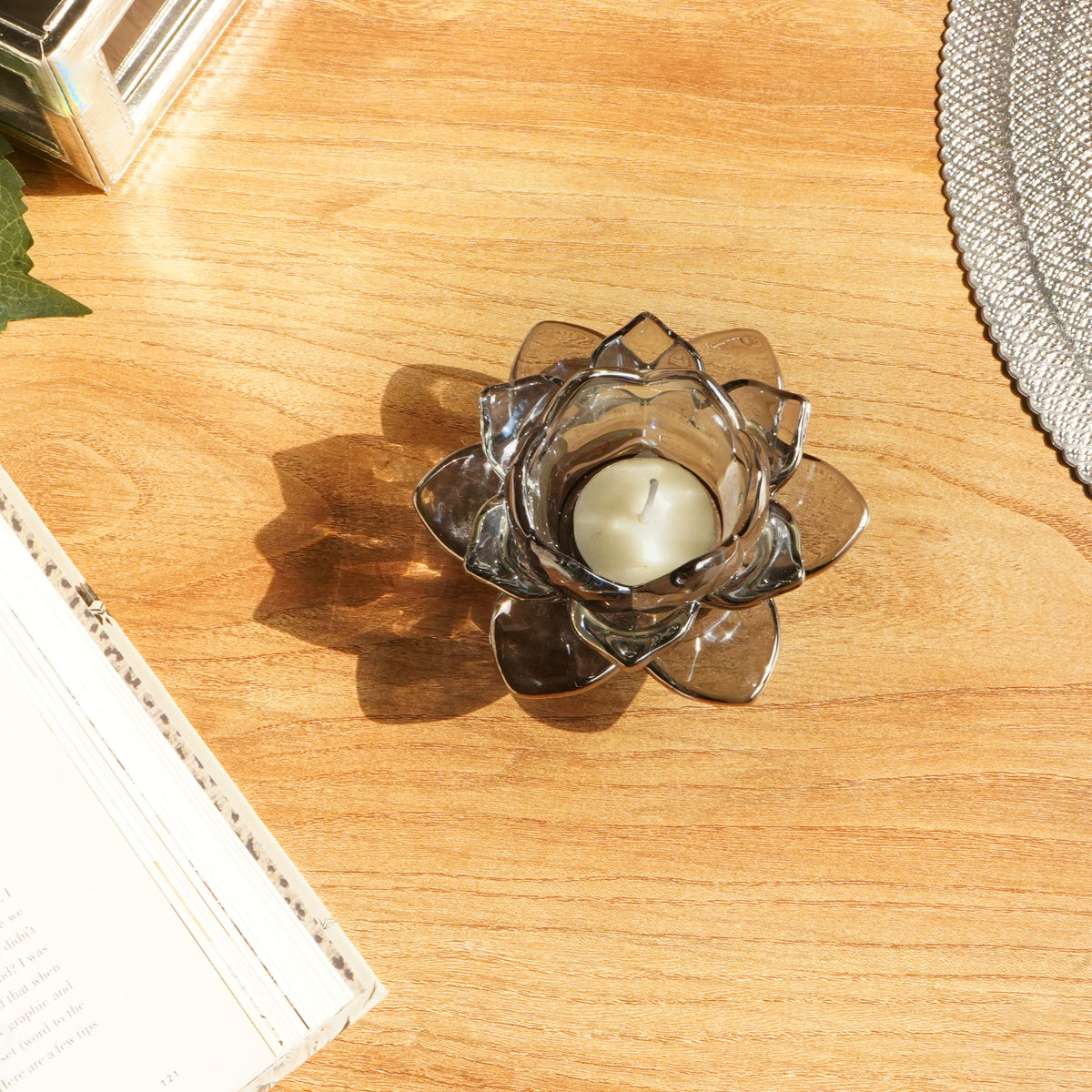 Grey Lotus Glass Tealight Candle Holder