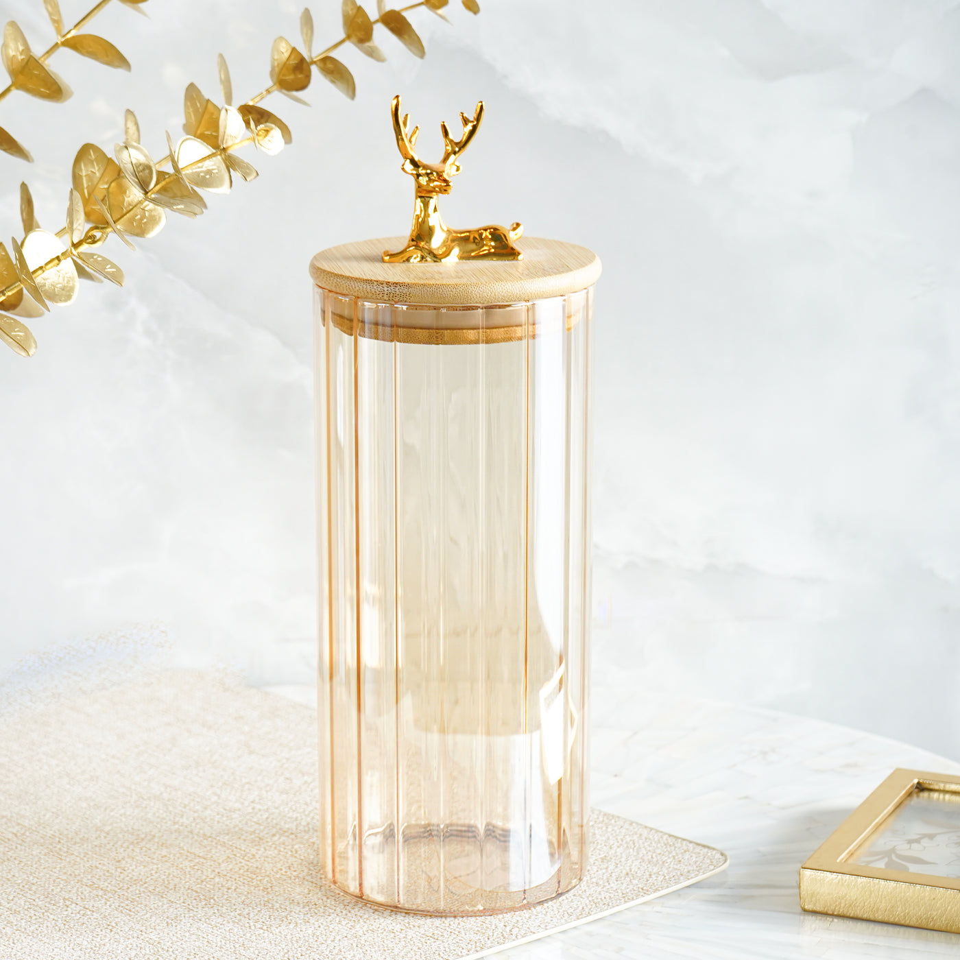 Fluted Large Glass Jar with Reindeer Airtight Lid, Tinted Gold