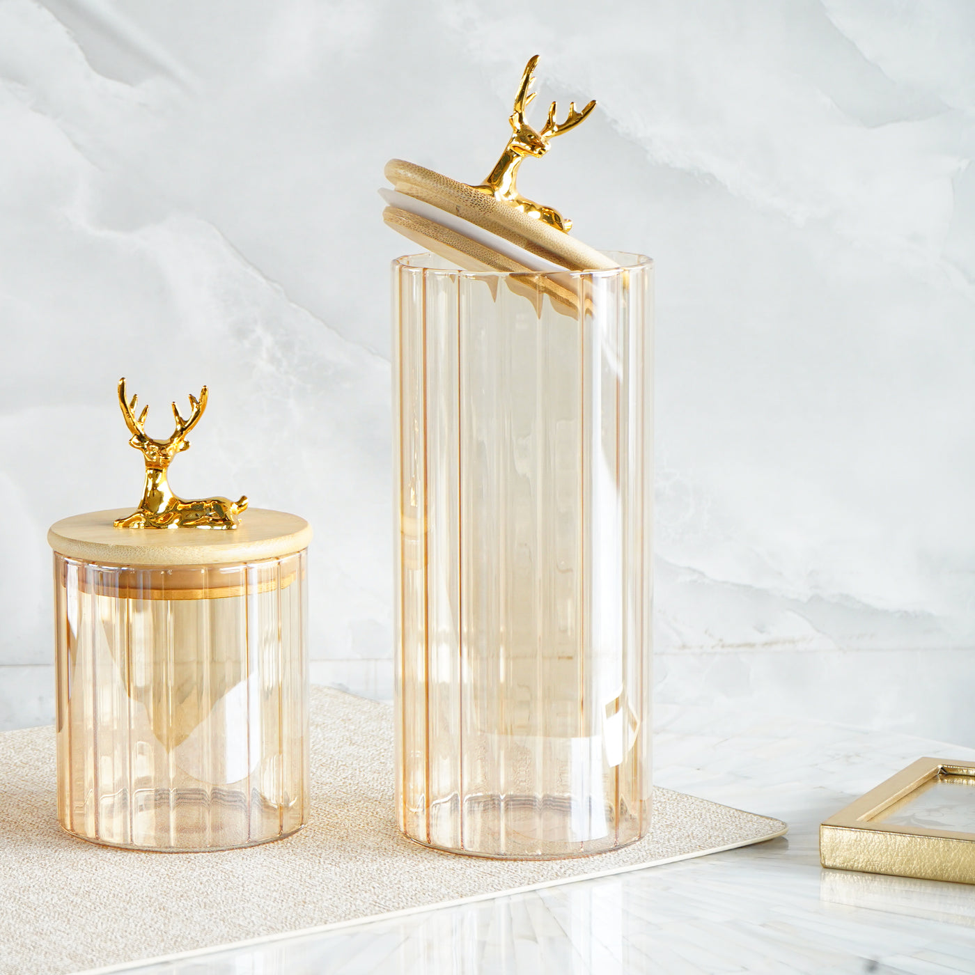 Fluted Large Glass Jar with Reindeer Airtight Lid, Tinted Gold