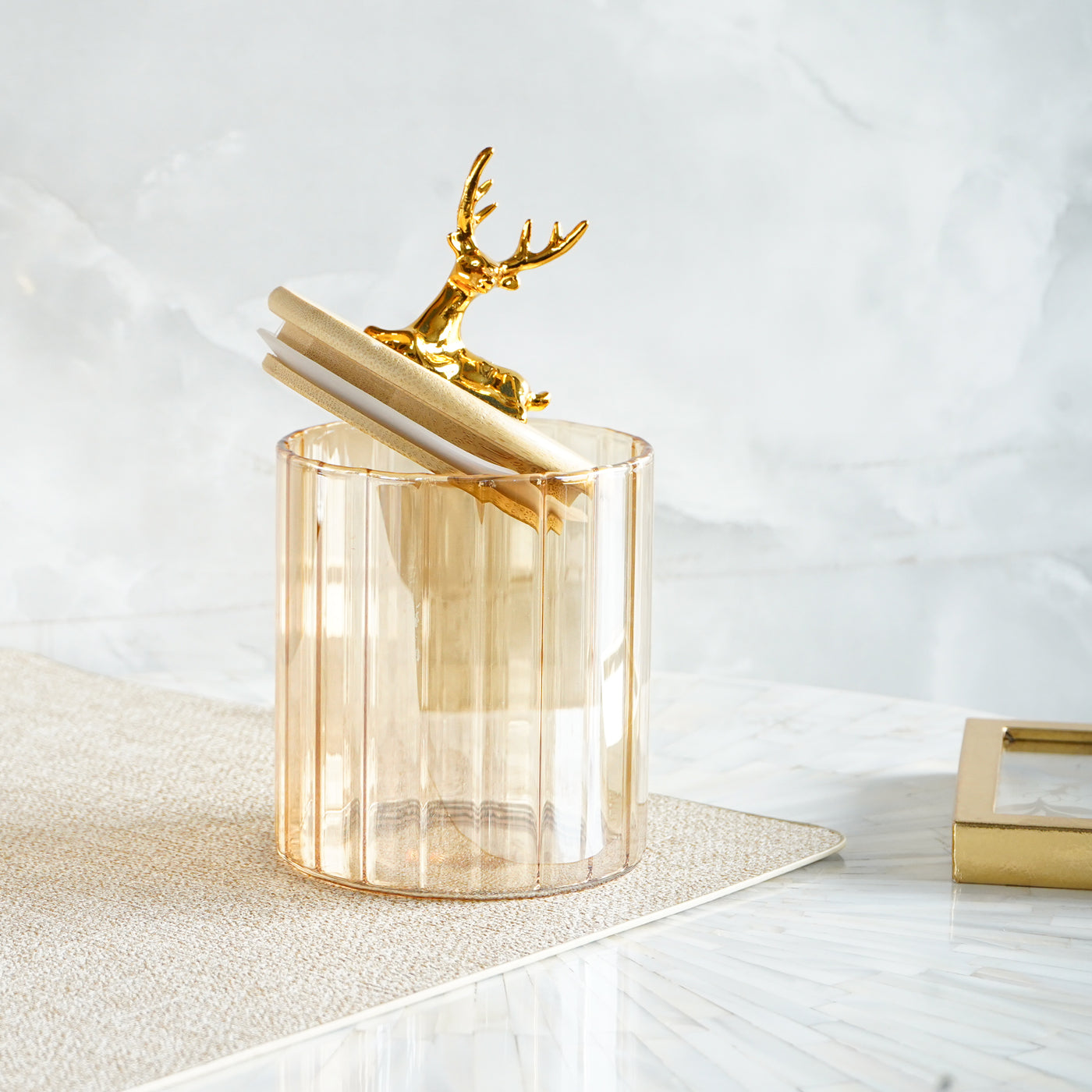 Fluted Small Glass Jar with Reindeer Airtight Lid, Tinted Gold