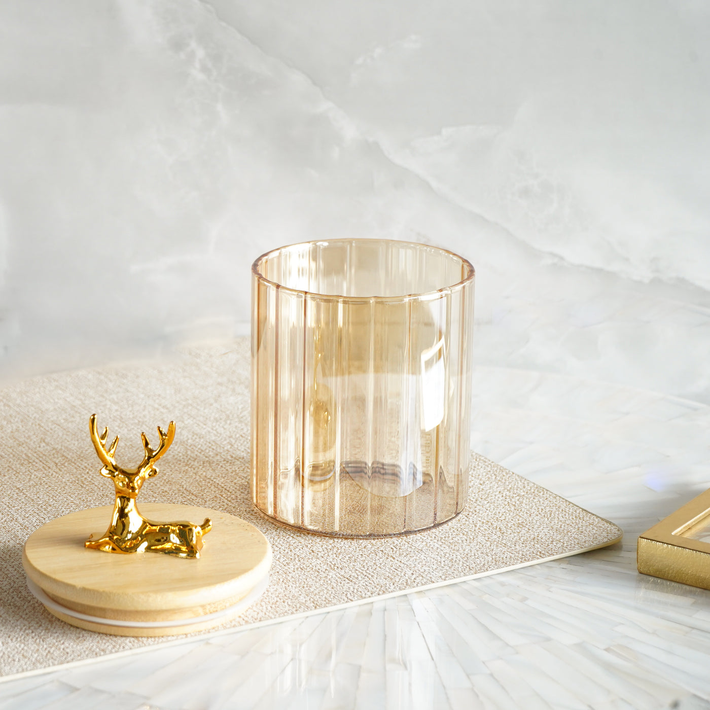 Fluted Small Glass Jar with Reindeer Airtight Lid, Tinted Gold