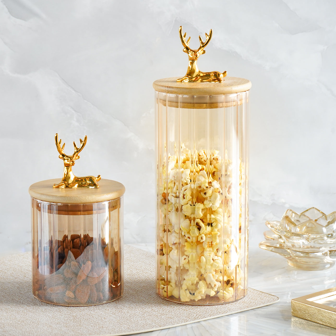 Fluted Small Glass Jar with Reindeer Airtight Lid, Tinted Gold