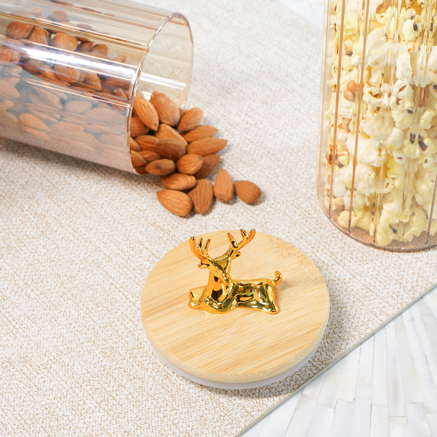 Fluted Small Glass Jar with Reindeer Airtight Lid, Tinted Gold