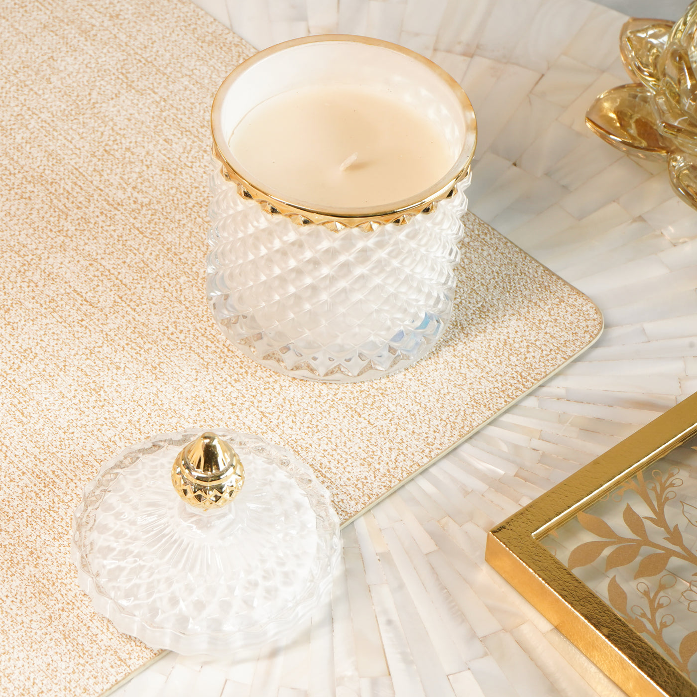 White & Gold Crystal Jar Scented Candle with Lid