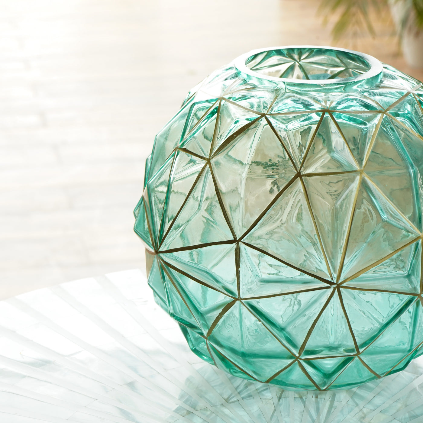 Diamond Cut Green Glass Vase with Golden Highlights, Small