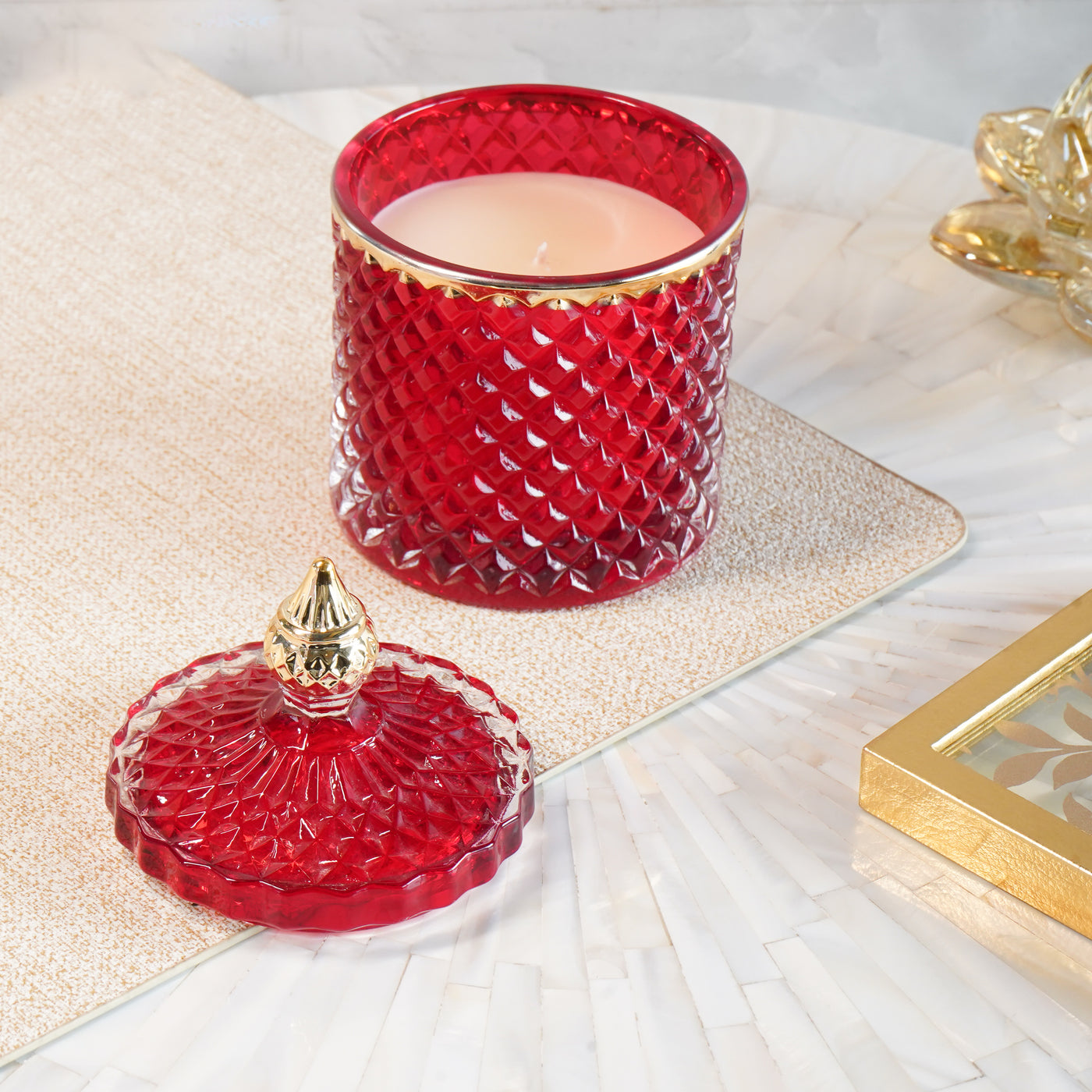 Red & Gold Crystal Jar Scented Candle with Lid