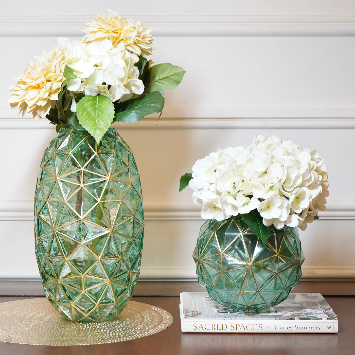 Diamond Cut Green Glass Vase with Golden Highlights, Small