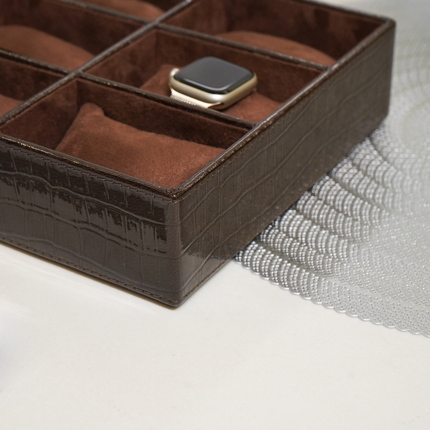 Croco Faux Leather 6 Compartment Watch box With Glass Top, Brown
