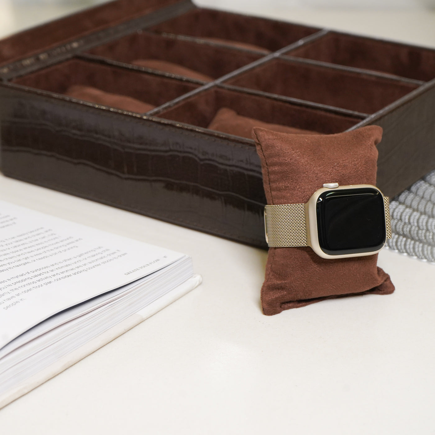 Croco Faux Leather 6 Compartment Watch box With Glass Top, Brown