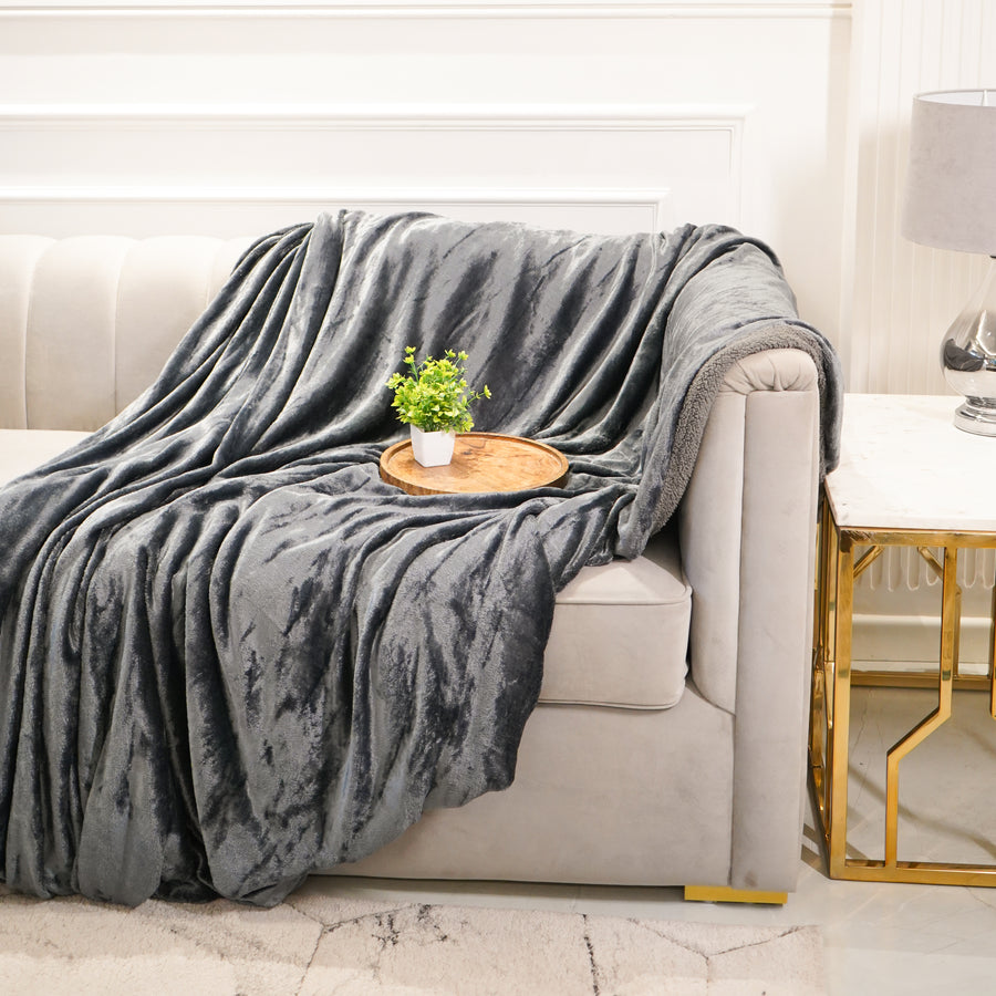 Grey Reversible Ultra-Soft Plush Sherpa Throw Blanket, Double Bed