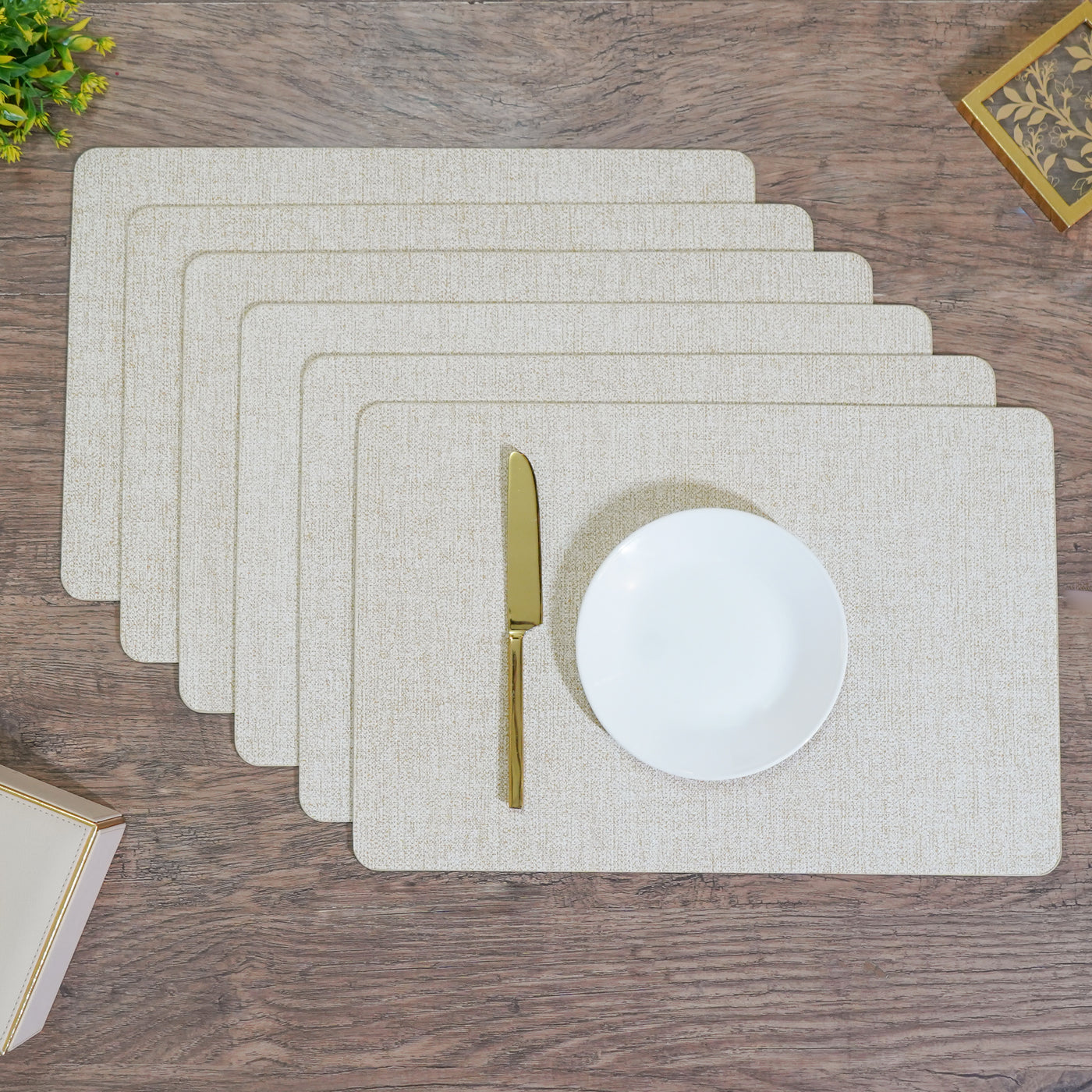 Beige Faux Leather Rectangular Placemat, Set of 6