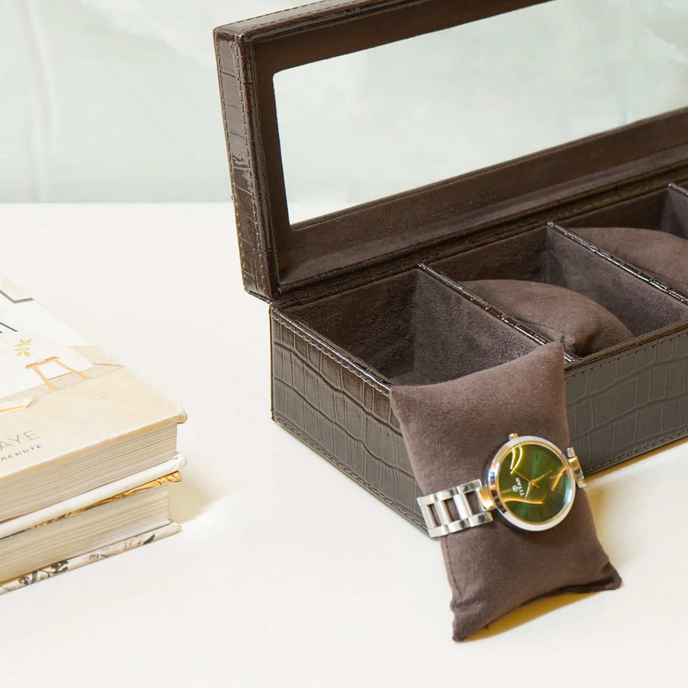 Croco Faux Leather 4 Compartment Watch box With Glass Top, Brown