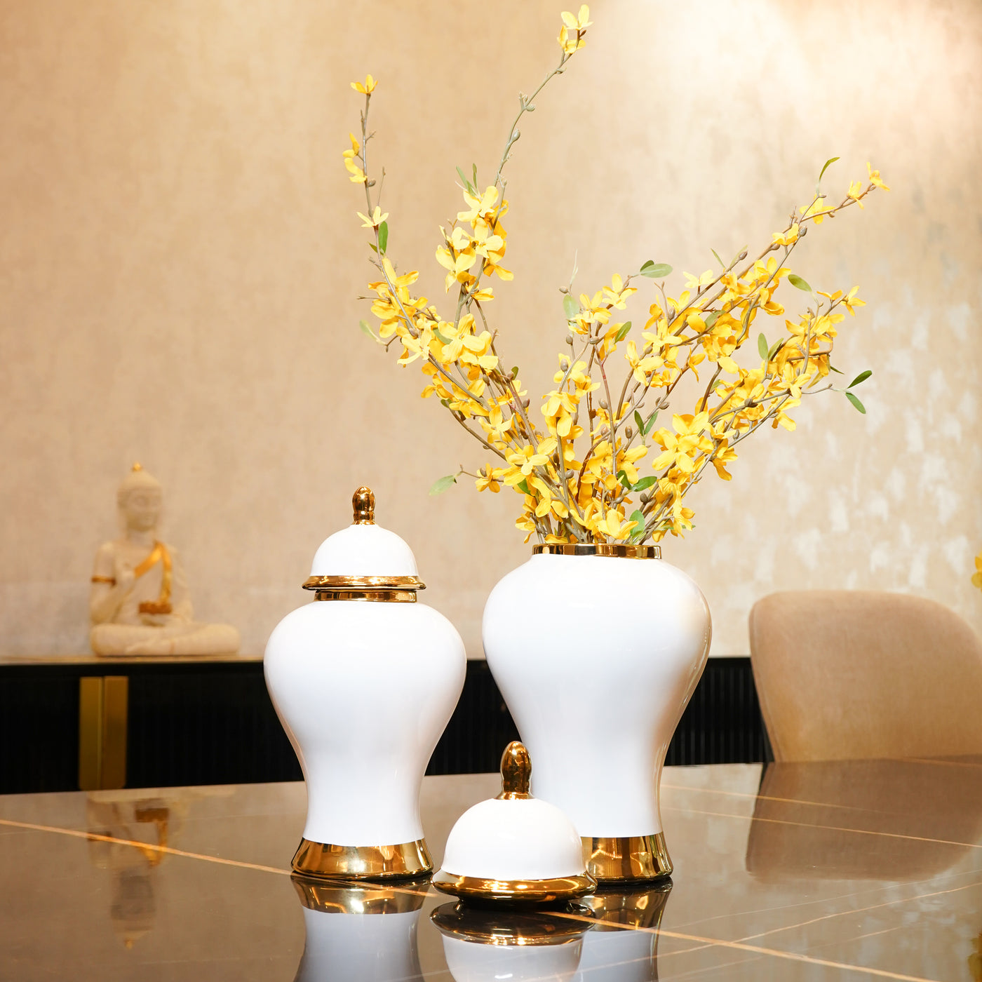 White Urn in Golden Accents with Lid, Small