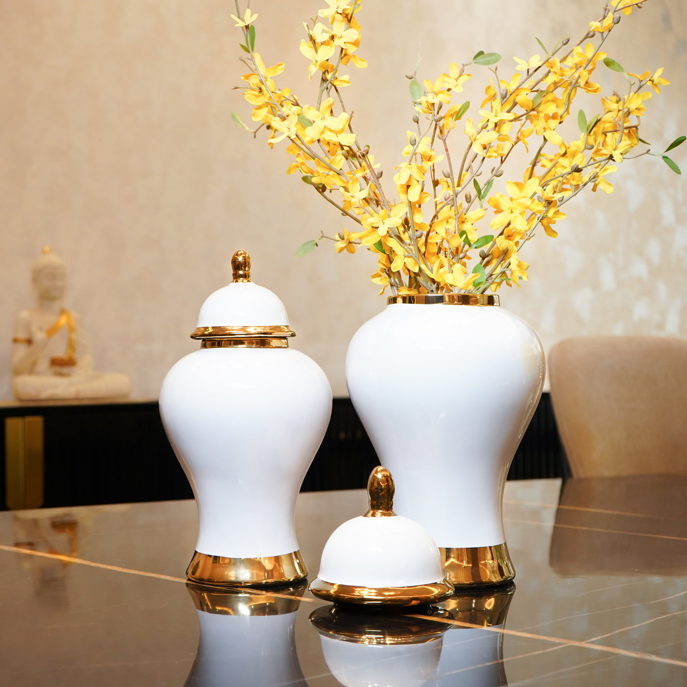 White Urn in Golden Accents with Lid, Big