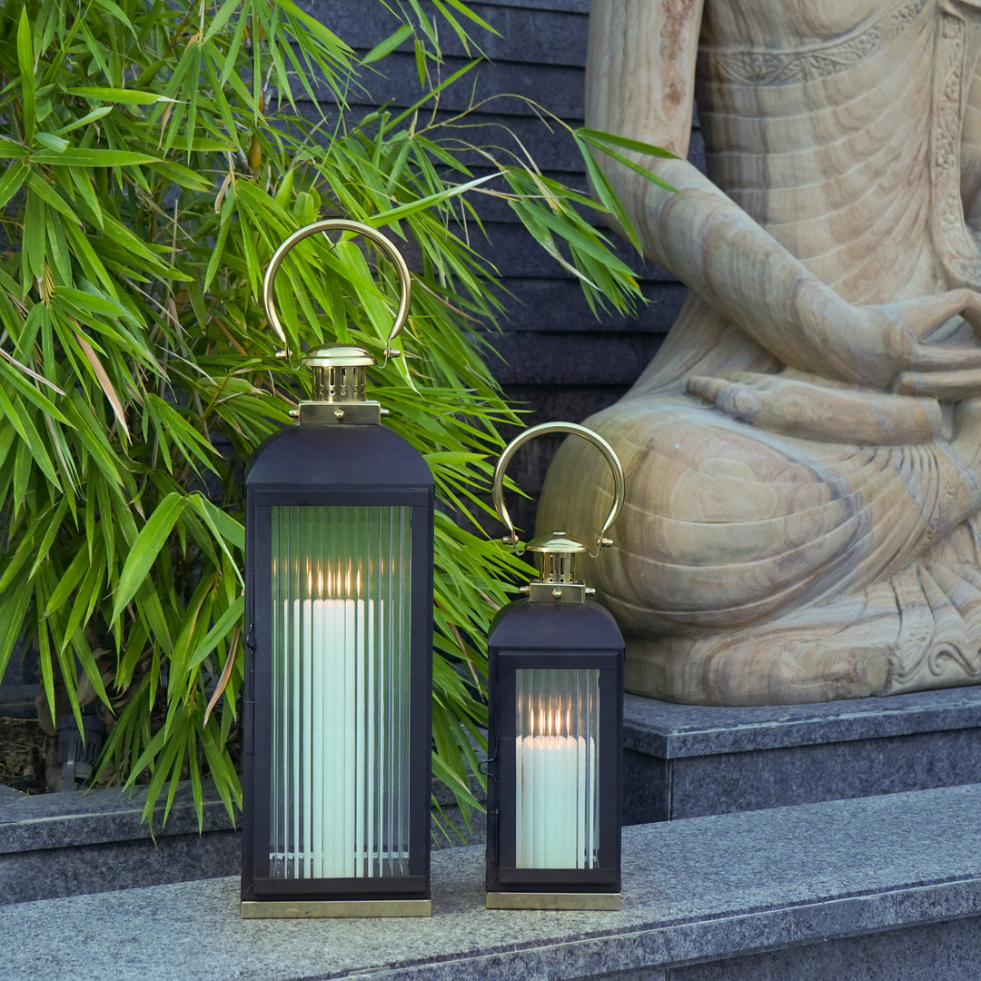 Large Stainless Steel Lantern, Black and Gold