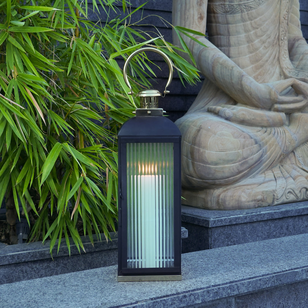 Large Stainless Steel Lantern, Black and Gold