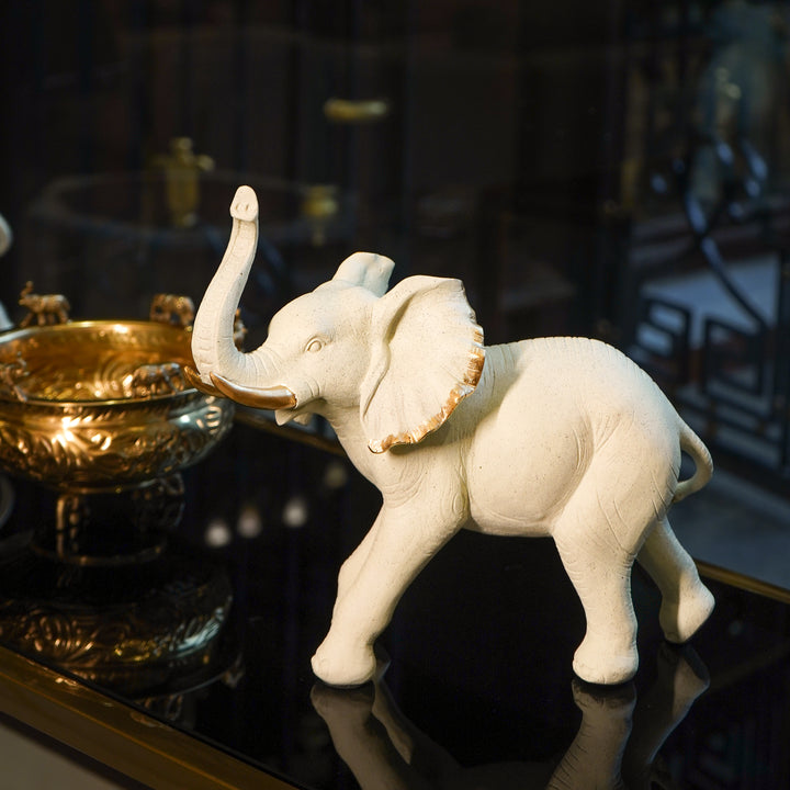 Elephant Figurine with Gold Accents, White