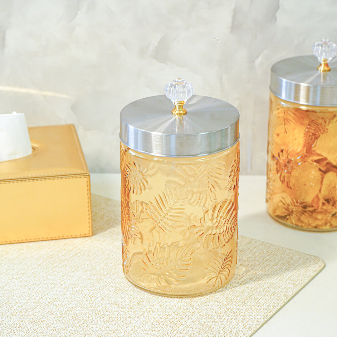 Large Gold Leaf Patterned Glass Jar w/ Airtight Lid & Crystal Knob