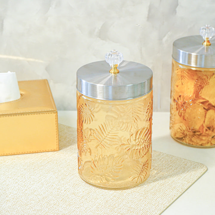 Large Gold Leaf Patterned Glass Jar w/ Airtight Lid & Crystal Knob