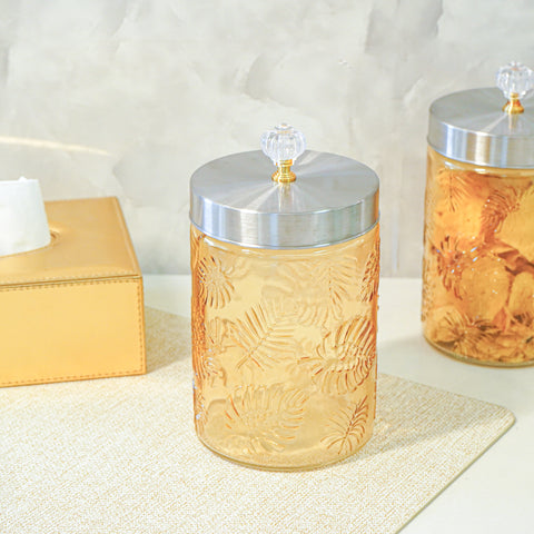 Large Gold Leaf Patterned Glass Jar w/ Airtight Lid & Crystal Knob
