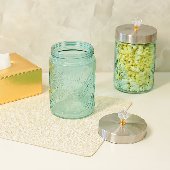Large Blue Leaf Patterned Glass Jar w/ Airtight Lid & Crystal Knob