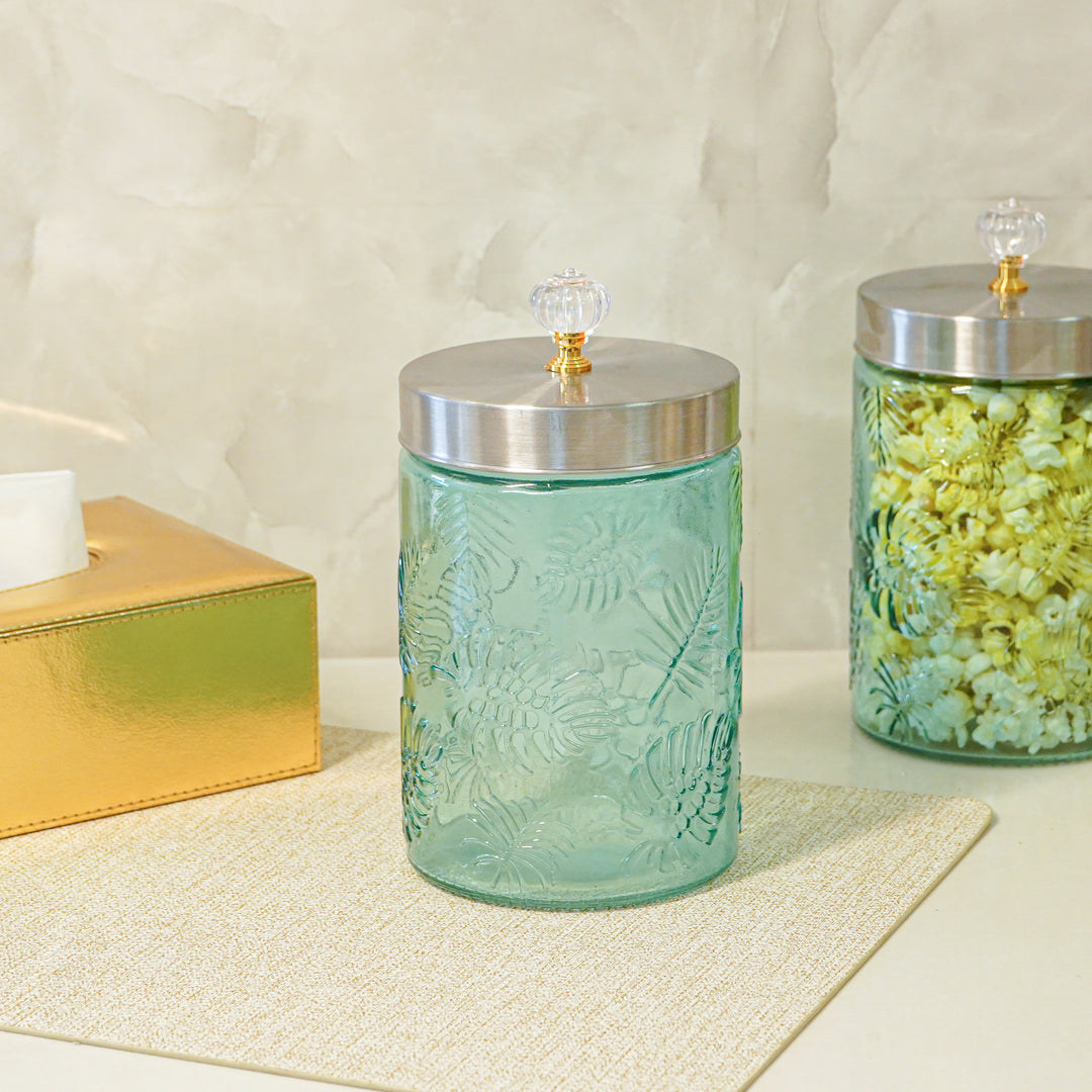 Large Blue Leaf Patterned Glass Jar w/ Airtight Lid & Crystal Knob