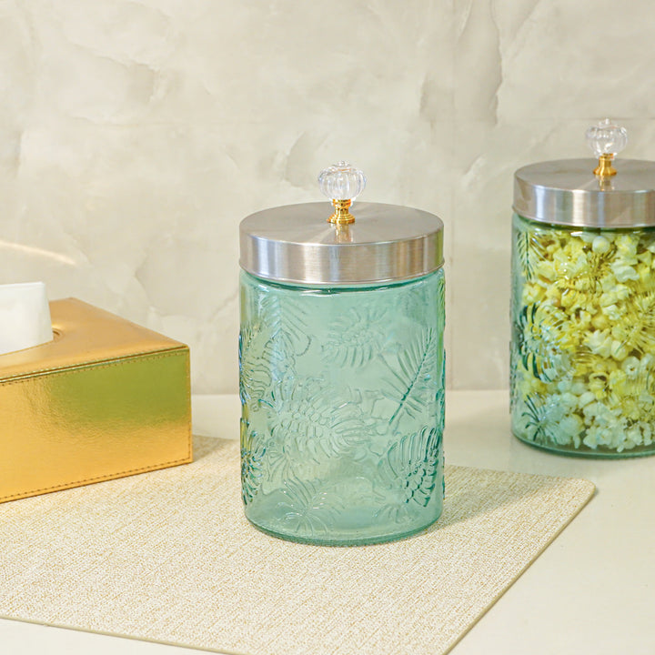 Large Blue Leaf Patterned Glass Jar w/ Airtight Lid & Crystal Knob
