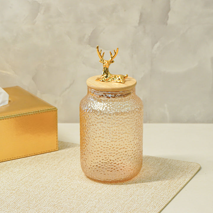 Hammered 750ml Glass Jar with Reindeer Airtight Lid, Gold