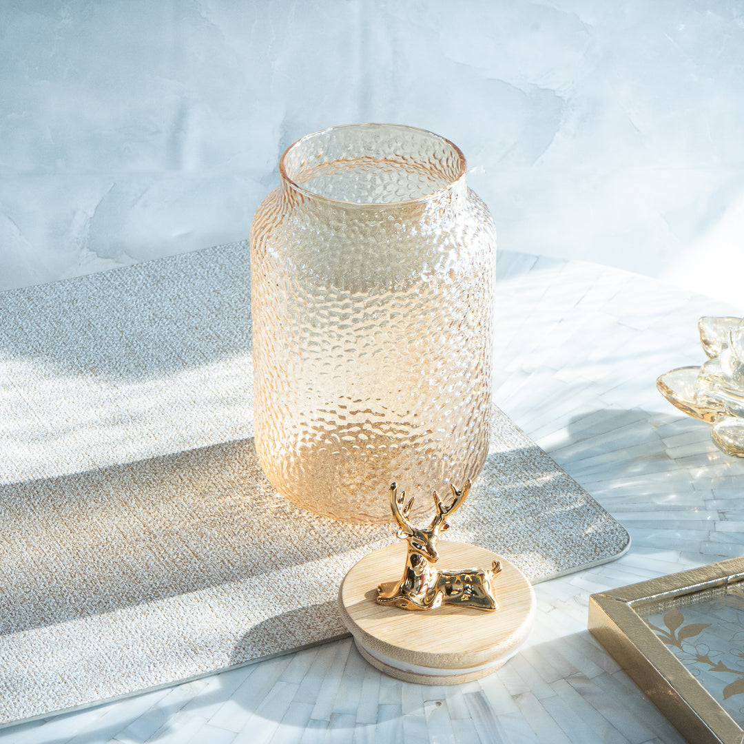 Hammered 750ml Glass Jar with Reindeer Airtight Lid, Gold