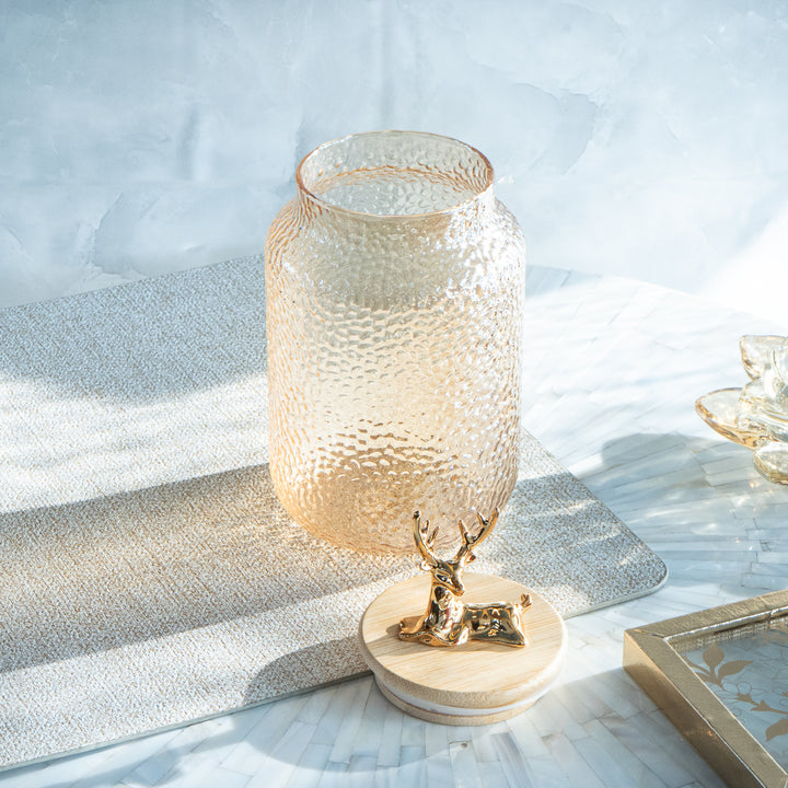 Hammered 750ml Glass Jar with Reindeer Airtight Lid, Gold