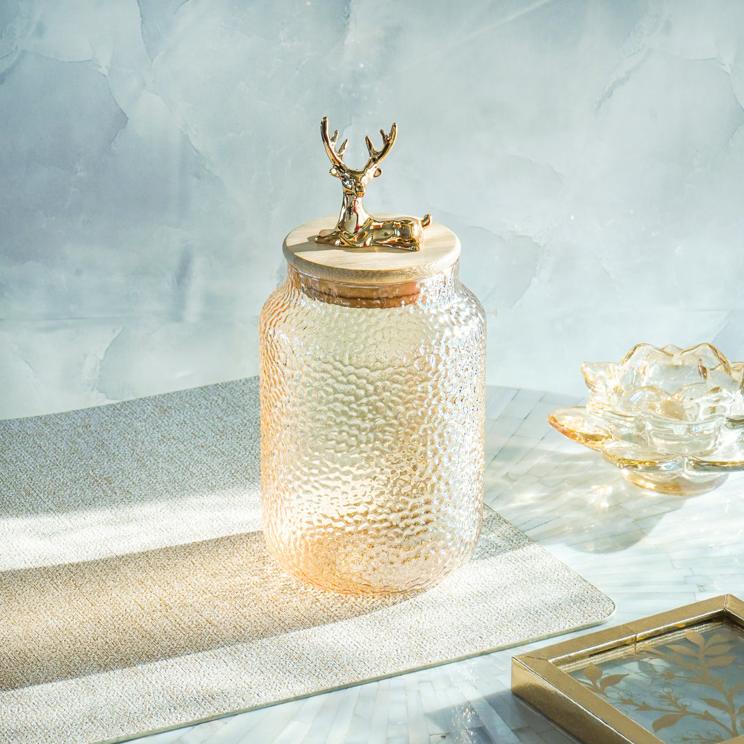 Hammered 750ml Glass Jar with Reindeer Airtight Lid, Gold