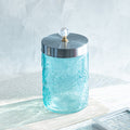 Large Blue Leaf Patterned Glass Jar w/ Airtight Lid & Crystal Knob