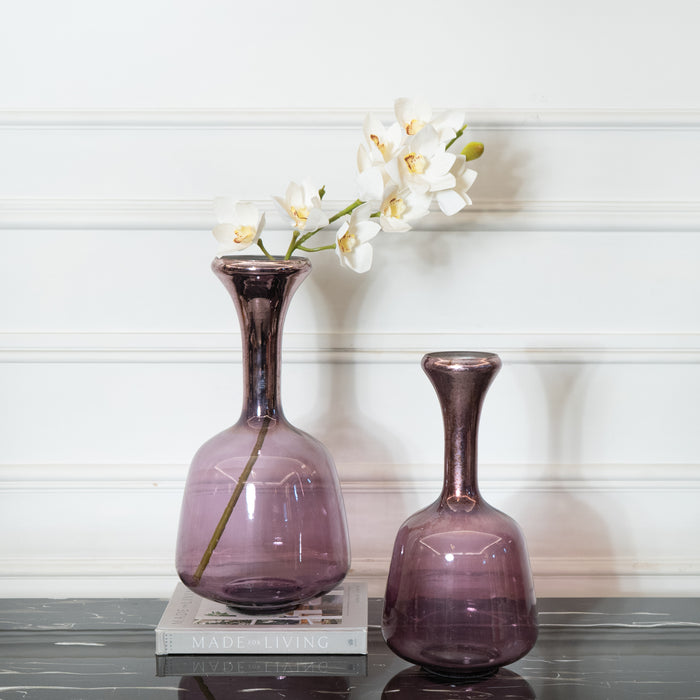 Purple Glass Surahi Decorative Vase, set of 2