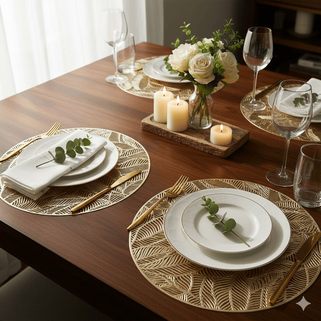 Set of 2 Round Leaf Patterned Placemats, Gold